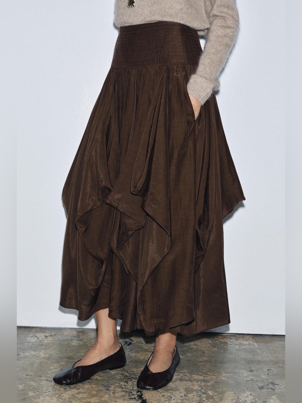 Zara Brown Draped Maxi Long Skirt